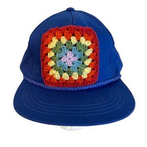 Crochet Granny Square Trucker Hat Ball Cap Snap Back Royal Blue Multi Color